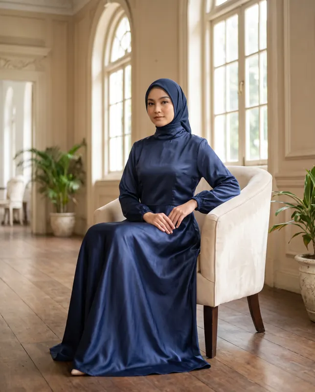 Tenang & elegan, Gamis Satin Navy