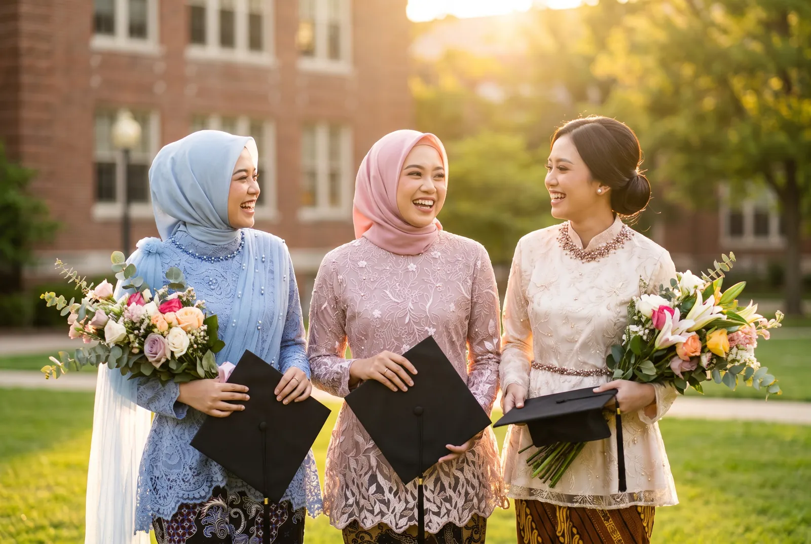 Lulus bareng sahabat, Tulle Biru Langit · Brokat Dusty Pink · Brokat Gading